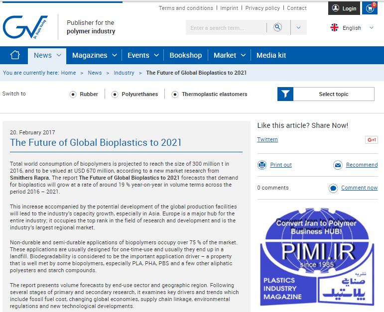 The Future of Global Bioplastics to 2021