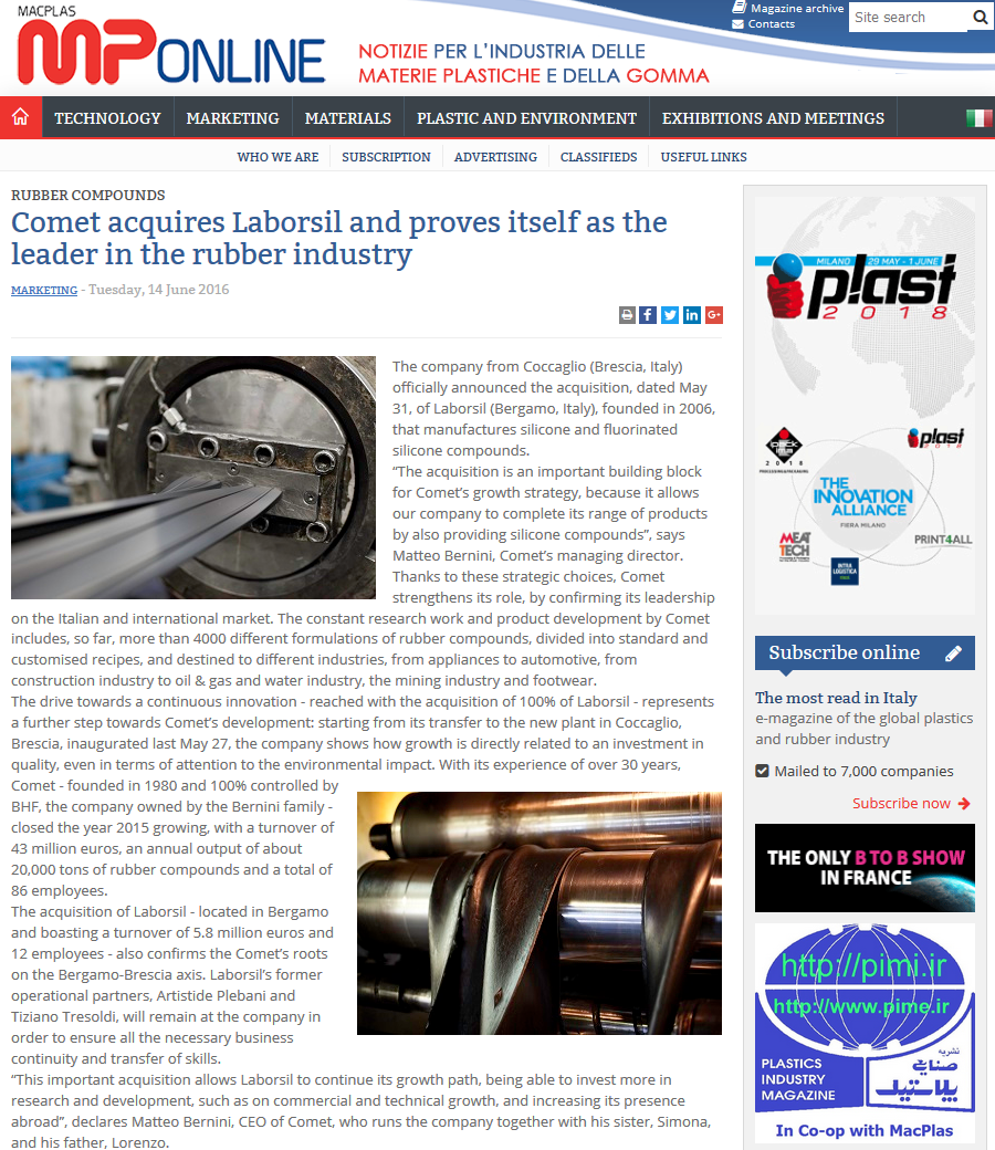 Comet acquires Laborsil and proves itself as the leader in the rubber industry