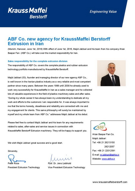 New Agency for KraussMaffeiBerstorff Extrusion in Iran