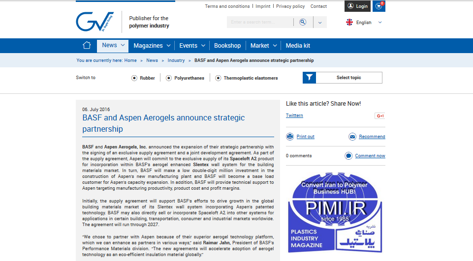 BASF and Aspen Aerogels announce strategic partnership