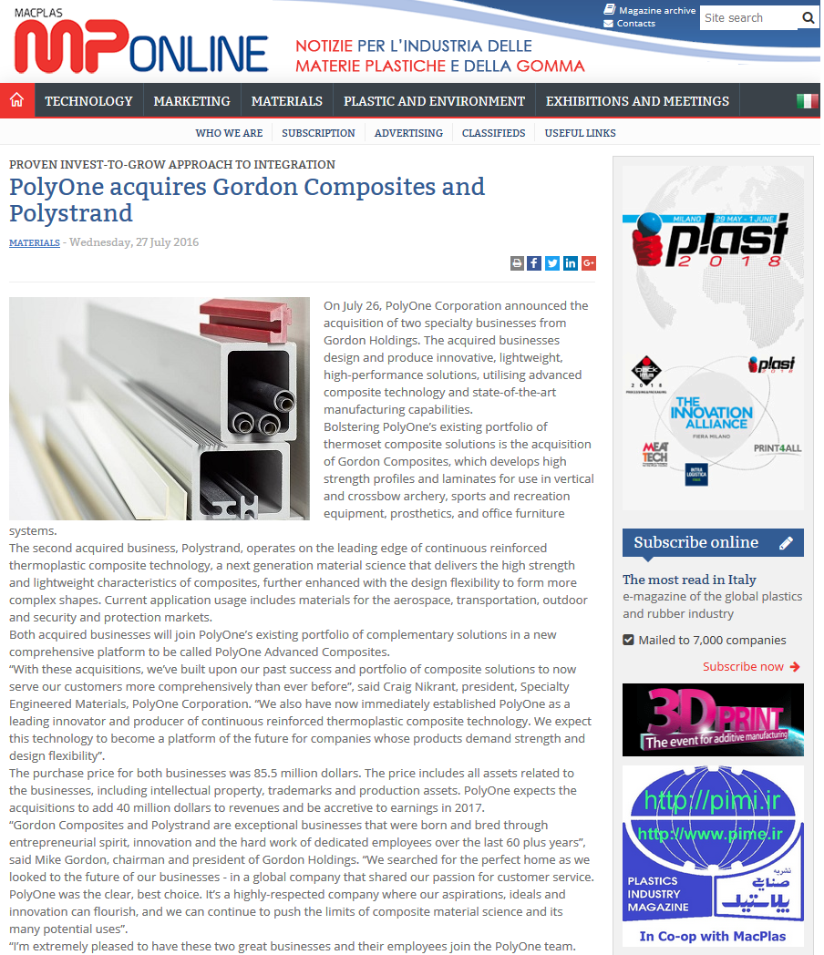 PolyOne acquires Gordon Composites and Polystrand
