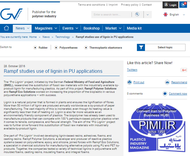 Rampf Studies Use of Lignin in PU Applications