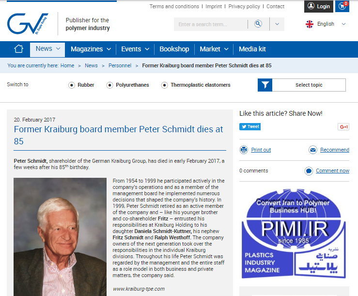 Former Kraiburg Board Member Peter Schmidt Dies at 85