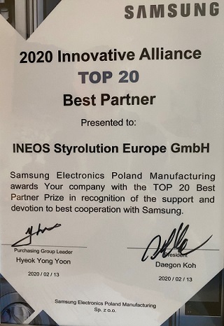 Samsung Presents Best Partner Suppy Award 2020 To INEOS Styrolution